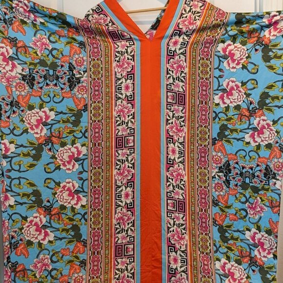 Natori Caftan Floral Lounge Gown Women's Large Vibrant Colorful Breezy V-Neck - Picture 7 of 16